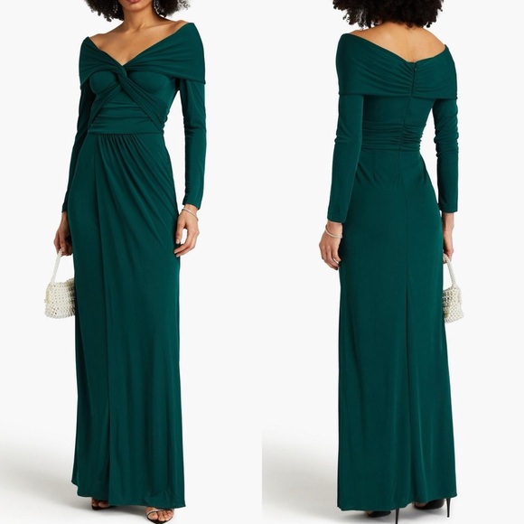 ZAC POSEN FOREST GREEN LONG SLEEVE JERSEY WRAPPED AROUND GOWN DRESS - Picture 3 of 15